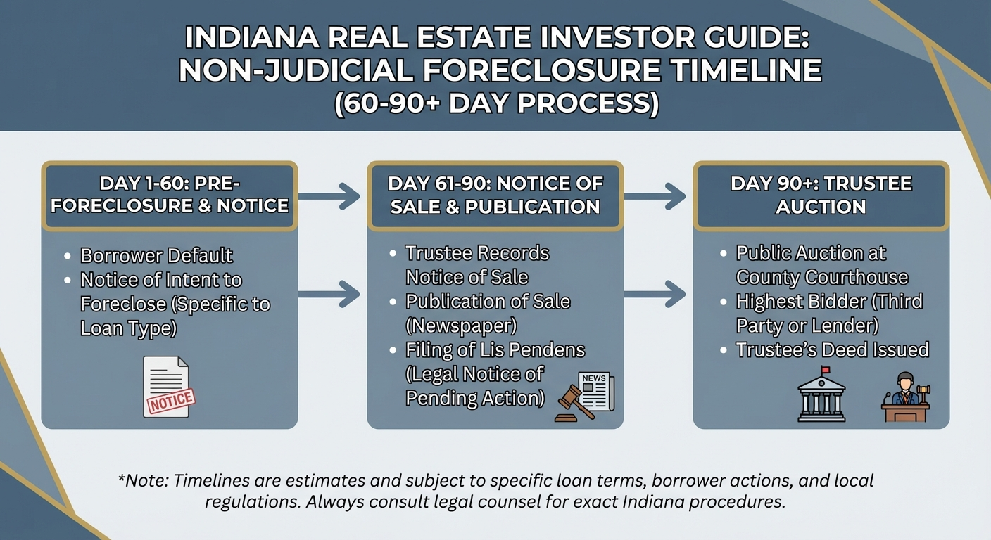 Indiana non-judicial foreclosure timeline showing 60-90 day process from lis pendens to trustee auction