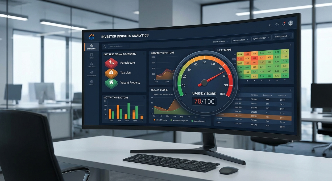 DistressIQ urgency scoring dashboard showing stacked distress signals and timeline proximity