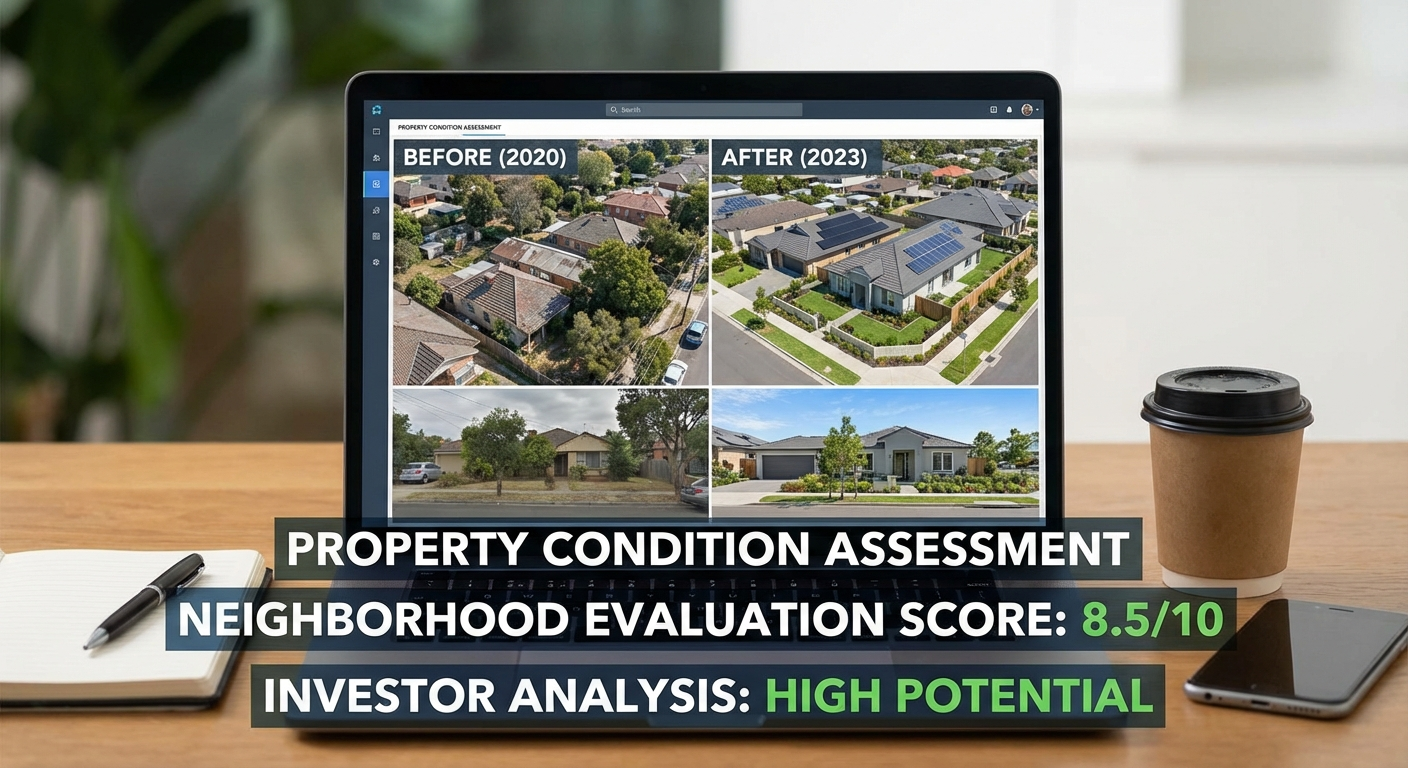 Property condition assessment showing Street View and aerial imagery comparison for investment analysis